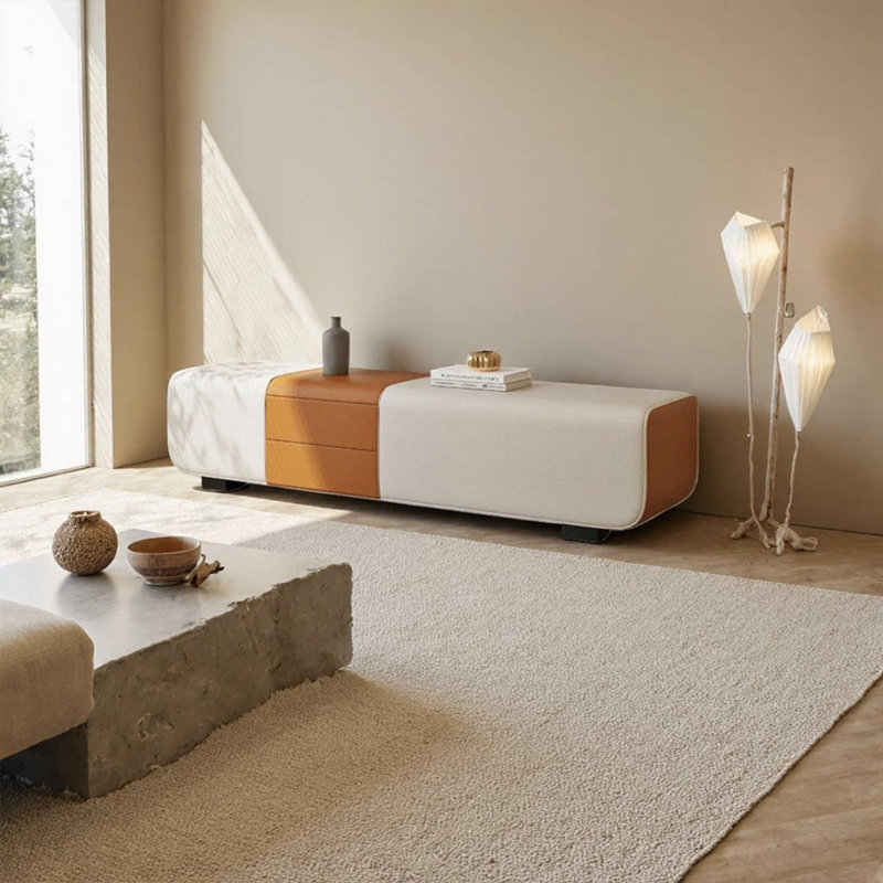 Minimalist Modern Two‑Tone Rectangular Solid Wood Leather Storage Bench for Bedroom & Living Room, Beige/Orange