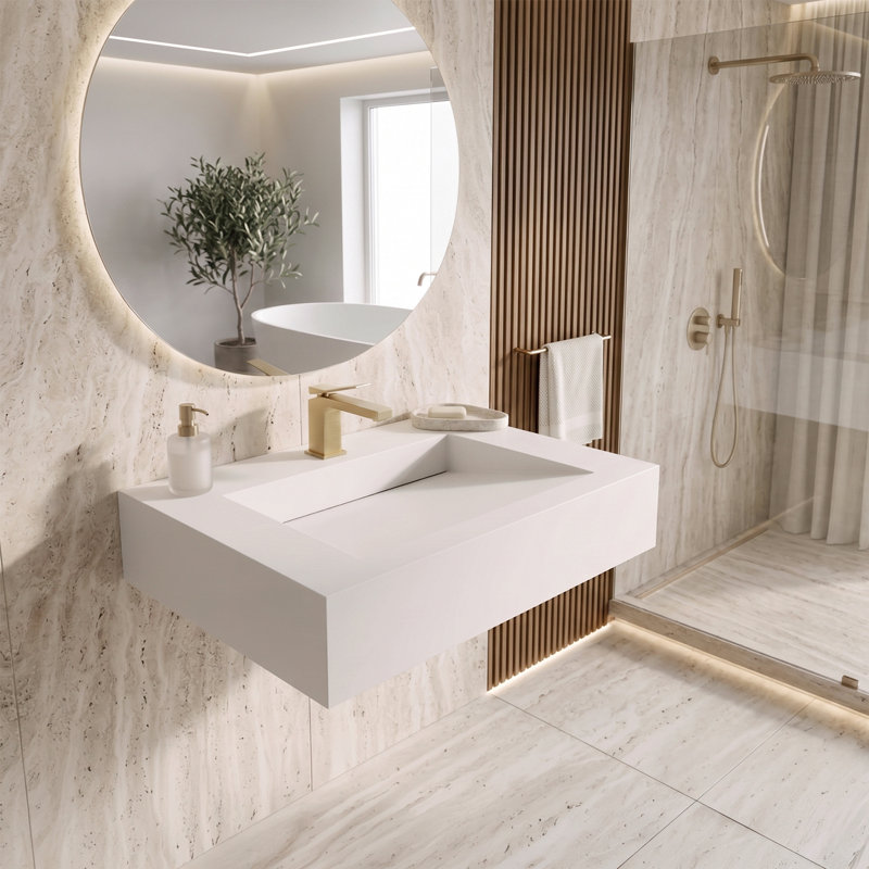 Pyramid 30" Wall-Mounted Modern Bathroom Sink with Ramp Basin - White, With Faucet Hole, White