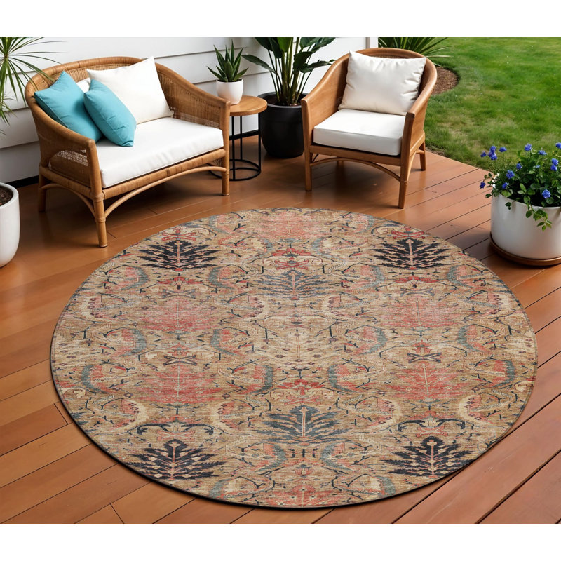 Tapis intérieur lavable rond 8 pi en terre cuite et noir