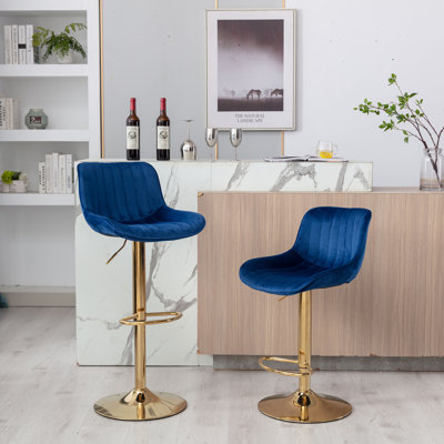 Tabourets de bar réglables en hauteur bleu marine, de 2. Repose-pieds et base, velours et pieds dorés. Tabouret à levage mécanique, pivotant et rembourré de mousse. Réglable. Pied, profondeur de 20,93 po