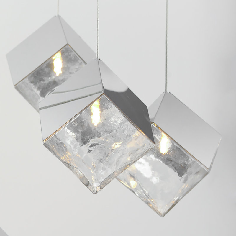 Luminaire suspendu grappe 3 lumières Ice Cube, Chrome poli, Argent transparent