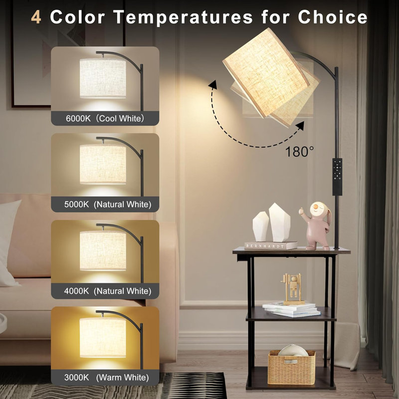 Lampe sur pied réglable avec table d'appoint, télécommande, station de charge et tablettes