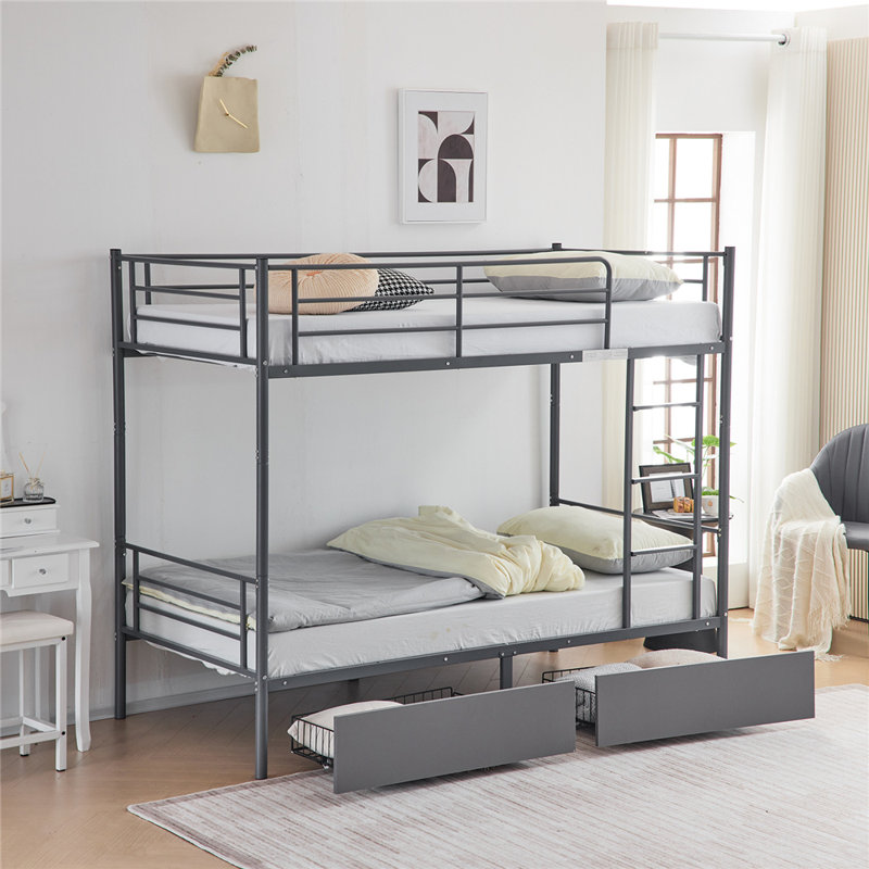 Twin Over Twin Convertible Bunk Bed With 2 Storage Drawers, Gray