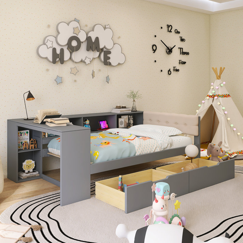 Lit plateforme simple en bois avec tablettes de rangement, tiroirs, station de charge, Lit simple, Gris