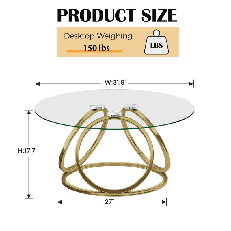 Paloalto Glass Top Coffee Table, Matte Gold