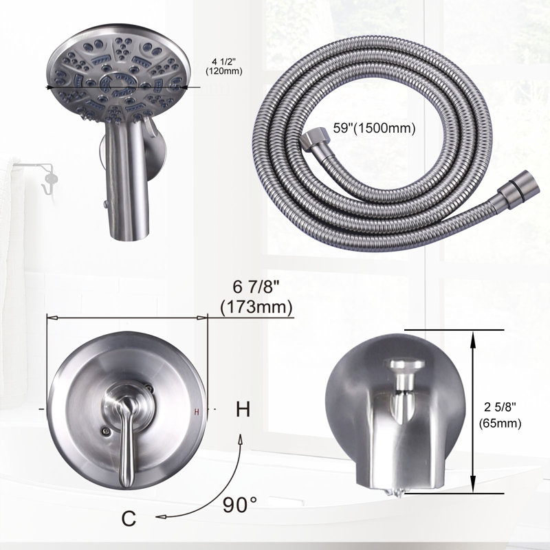 Robinet de douche mural à poignée simple à 7 jets avec bec de baignoire en noir mat, Nickel brossé