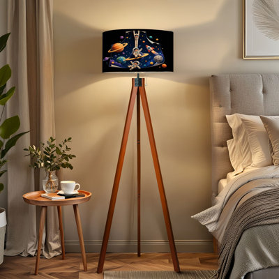  Tripod Standing Lamp Astronauts Exploring Colorful Outer Space Planets Rocket Remote Controlled Dimmable LED Floor Lamp with Beech Wood Legs & Detachable Linen Shade for Farmhouse Apartment Living Room and Bedroom