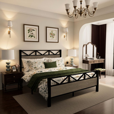 Industrial Style Full Size Brown Bed Frame, Metal Slats For Durability, Headboard And , Easy Setup Home Frame With Headboard, Support Legs, To Assemble