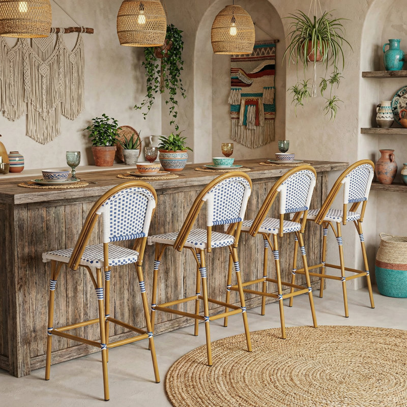 4-Piece Stackable High Back Bar & Counter Stool With Aluminum Frame, Outdoor Bar Stools (Set of 4), 4