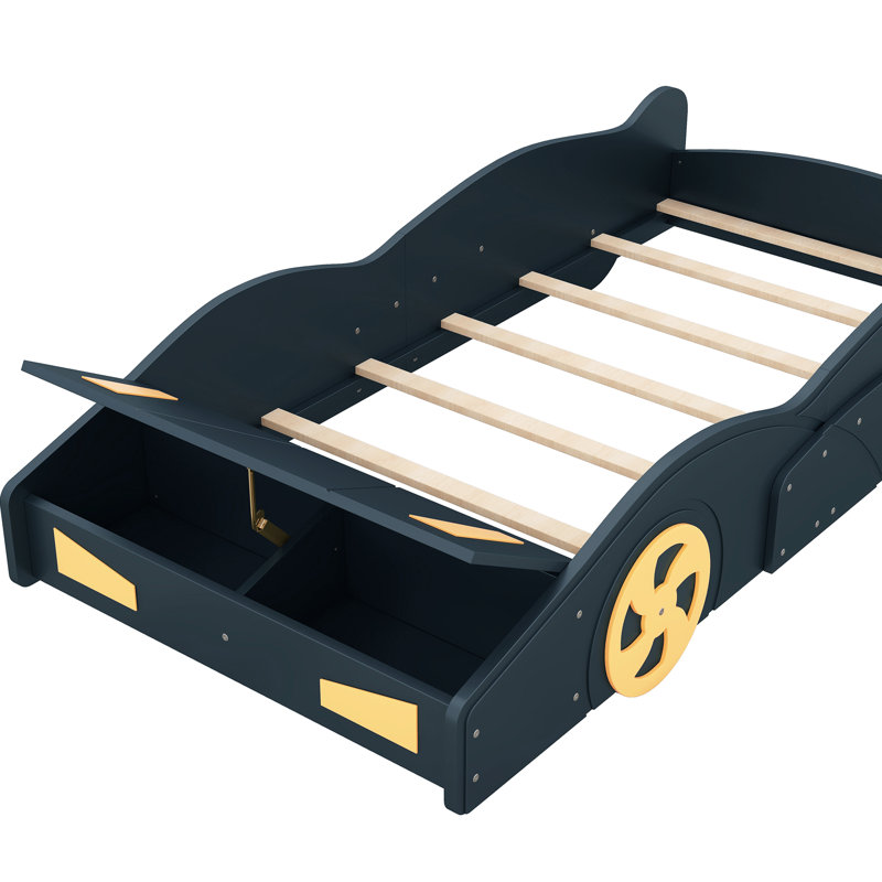 Lit de course simple bleu foncé et jaune en forme de voiture de course avec rangement et construction en bois massif pour le rangement dans la chambre à coucher, construction en pin, aucun sommier requis