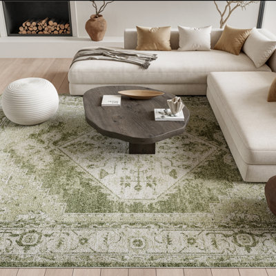 Haydel Oriental Machine Washable Power Loom Polyester Area Rug in Ivory/Green