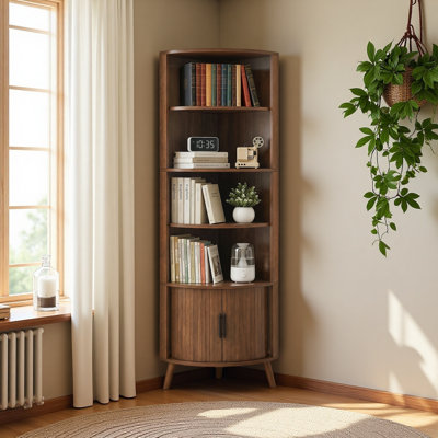 Étagère d'angle à 5 niveaux, bibliothèque d'angle de 67 po de hauteur, étagère d'angle autoportante en bois avec portes coulissantes et tablettes ouvertes, gain de place, armoire de rangement d'angle moderne