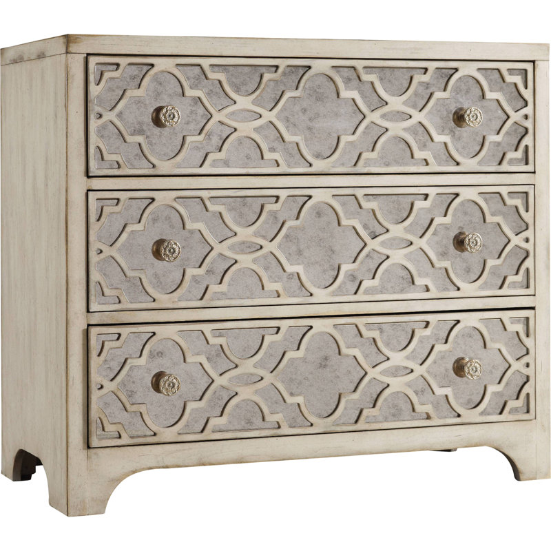 White Mirrored 3-Drawer Accent Chest with Fretwork
