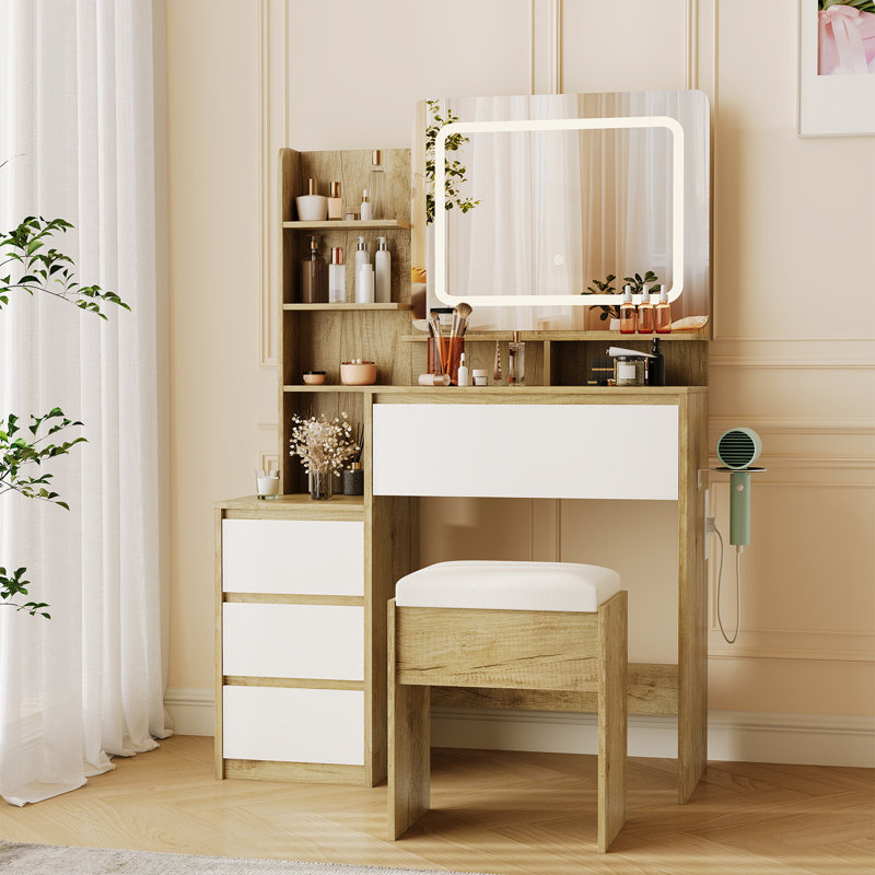 Modern Vanity Desk with LED Mirror & Adjustable Lighting, Makeup Table with 4 Drawers, Storage Shelves, Power Outlet, Stool, Hair Dryer Holder – Bedroom Dressing Table, Natural Wood and White