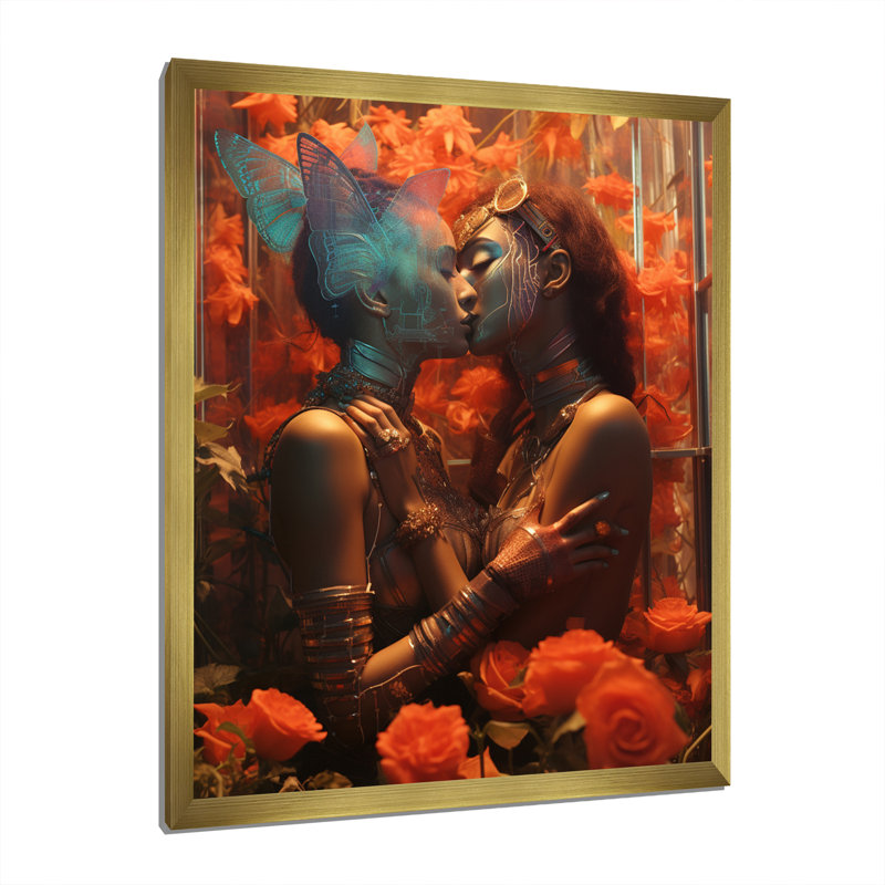 Portrait rétro d'amoureux s'embrassant sur toile, H 20 po x l 12 po x P 1 po, Cadre doré à une seule photo