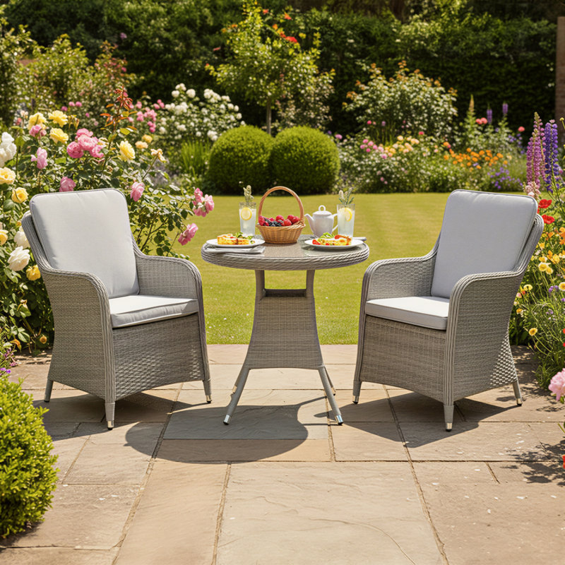 Oseasons® Hampton Rattan 2 Seat Bistro Set in Dove Grey with Light Grey Cushions