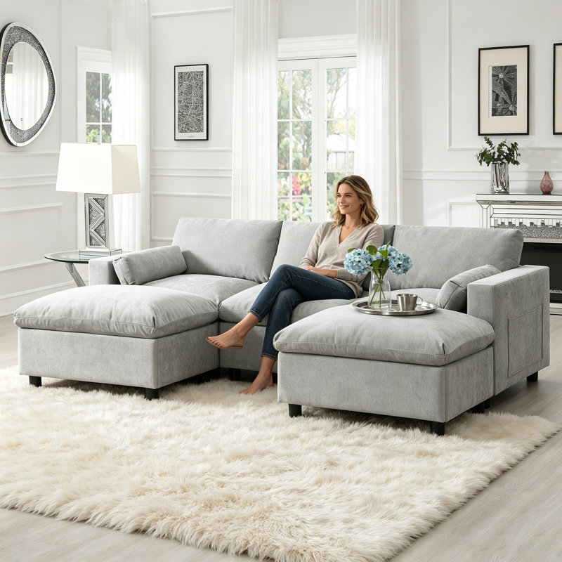 Modular Sectional Sofa with Storage Pockets, 5 Seat U Shaped Chenille Couch Set with Pillows, Free Combination Modern Cloud Sofa