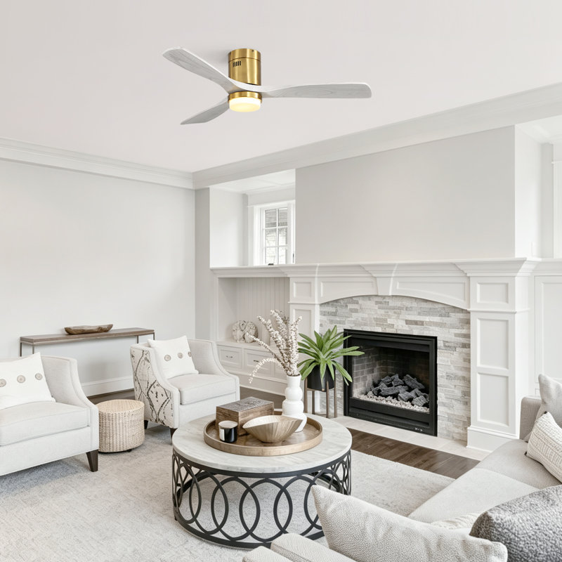 52"Smart Flush Mount 3-Blade Solid Wood Ceiling Fan With Light and Remote/App/Voice Control（Gold&Light Grey）
