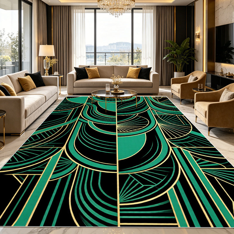 1PC Art Deco Emerald Green Geometric Gold Accent Trim area rugs for Living Room, Soft and Comfortable, Suitable for all seasons, easy-to-maintain, machine washable Indoor floor mat, Under Table Farmhouse suitable for dining room, bedroom, entryway,...