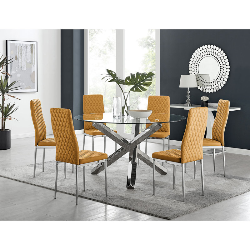 Vogo Modern Design Chrome and Glass Dining Table Set with 6 Quilted Faux Leather Dining Chairs, Mustard Yellow