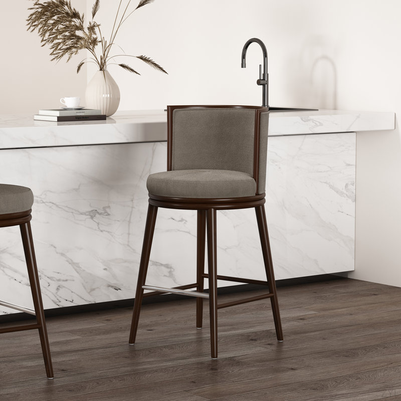 Tabouret de bar en chenille texturé Evalyn avec pieds en bois de hêtre, Beige, 40.6" H x 20.9" W x 21.7" D