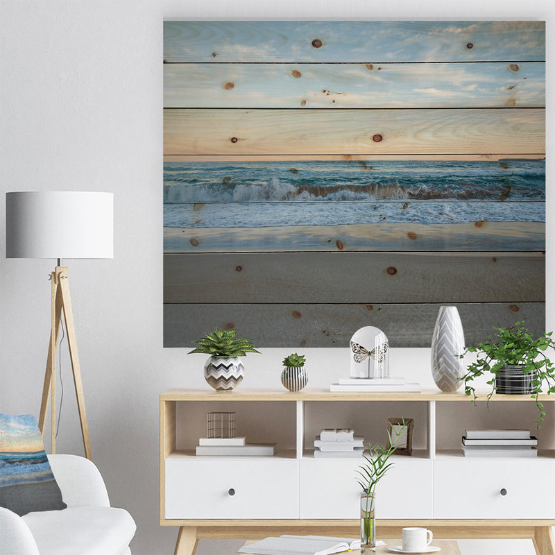 Scène bleue éclaboussant la plage - Décoration murale en bois nautique et côtier - Bois de pin naturel