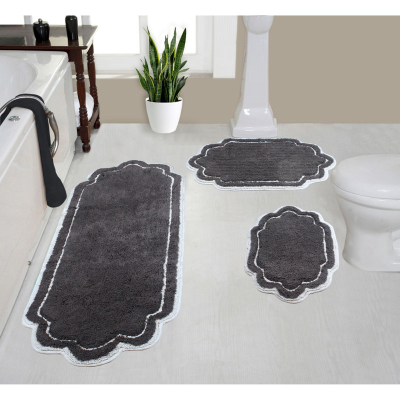 Dobrinka Cotton Bath Rug Set, Machine Washable, Quick Dry, Absorbent - 3 Piece Set, Dark Gray