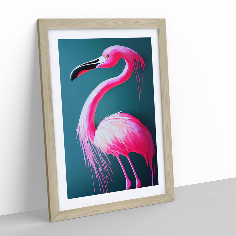 Paint Drip Flamingo - Wall Art, 46cm H x 34cm W x 2cm D, Oak Framed