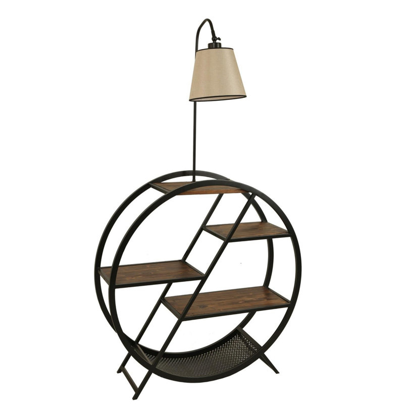 Lampe sur pied élégante avec bibliothèque Luro, couleur osier, 65 x 11,0 x 35,4 po Luro | Structure en métal durable, bibliothèque 100% bois de sapin, douille E27 de 60 W maximum, parfaite pour le salon et le bureau, design élégant et fonctionnel