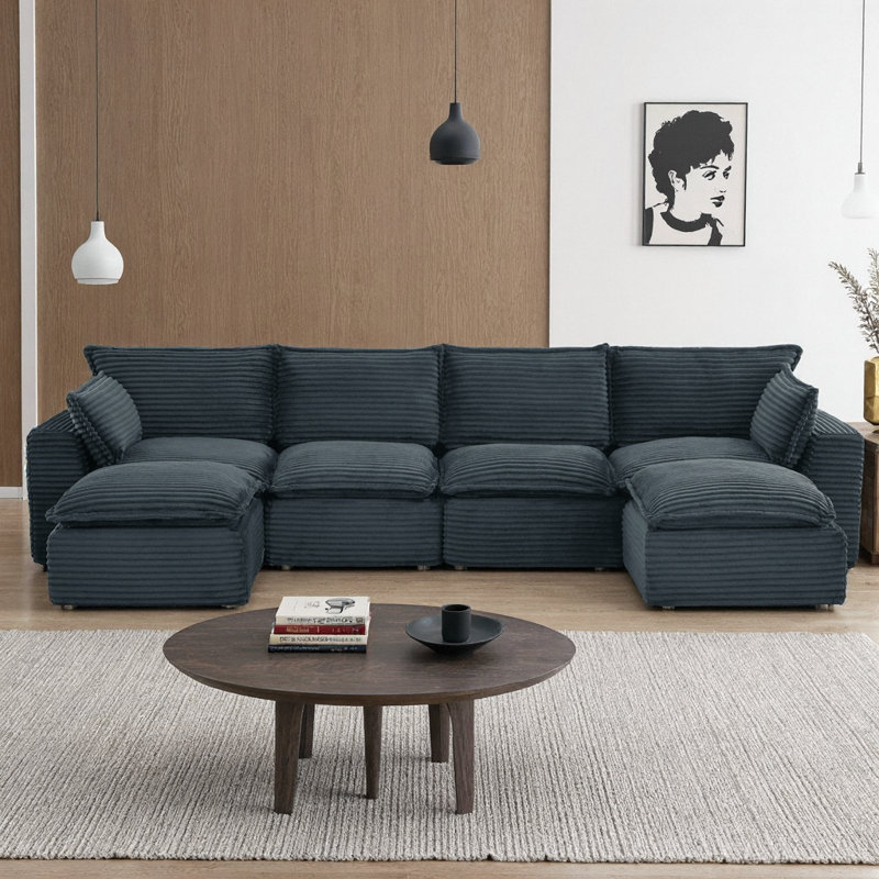 Cloud U-Shape Convertible Sectional Sofa with Ottoman, Plush Black Corduroy, No Assembly Needed, DARK GREY