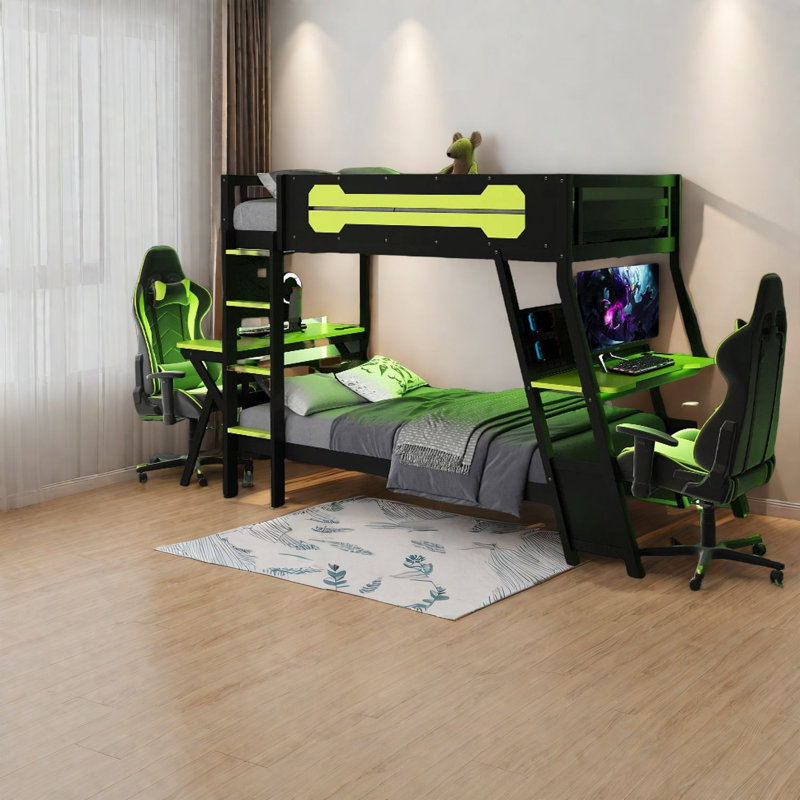Lits simples superposés multifonctionnels, structure en bois, configuration de jeu, espace pour la maison