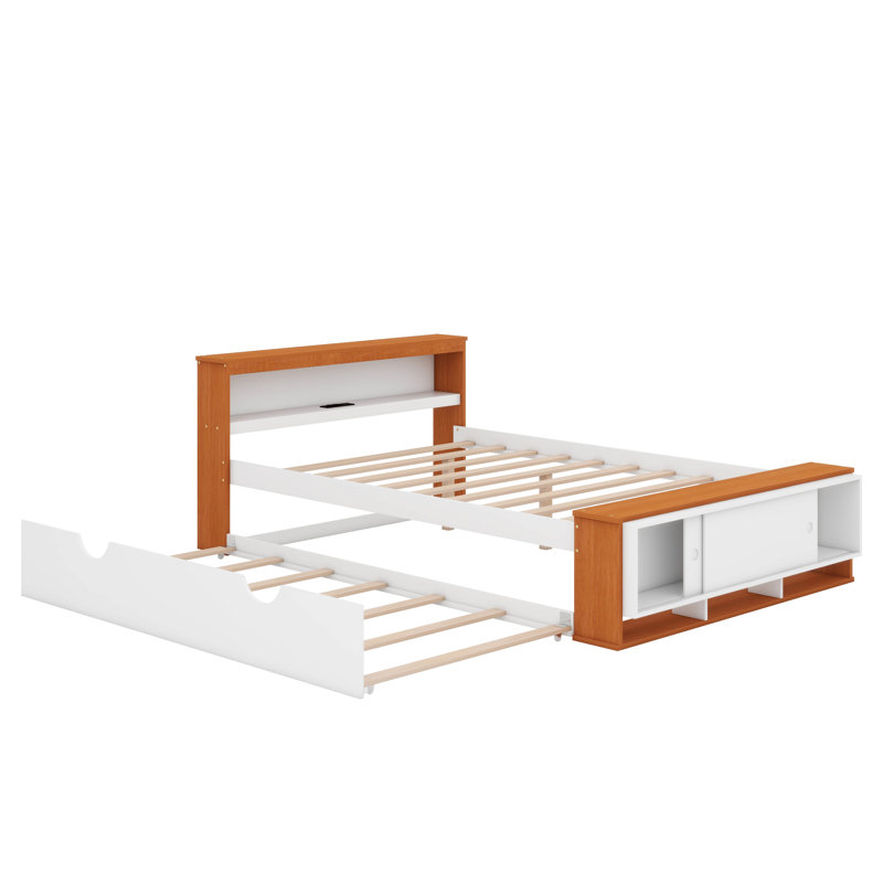 Lit plateforme double avec lit gigogne, Blanc / Naturel