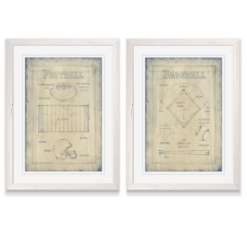 «All about the Game I», ensemble de 2 reproductions d'art encadrées, H 24 po x l 18 po x P 1,25 po, Cadre blanc, Blanc