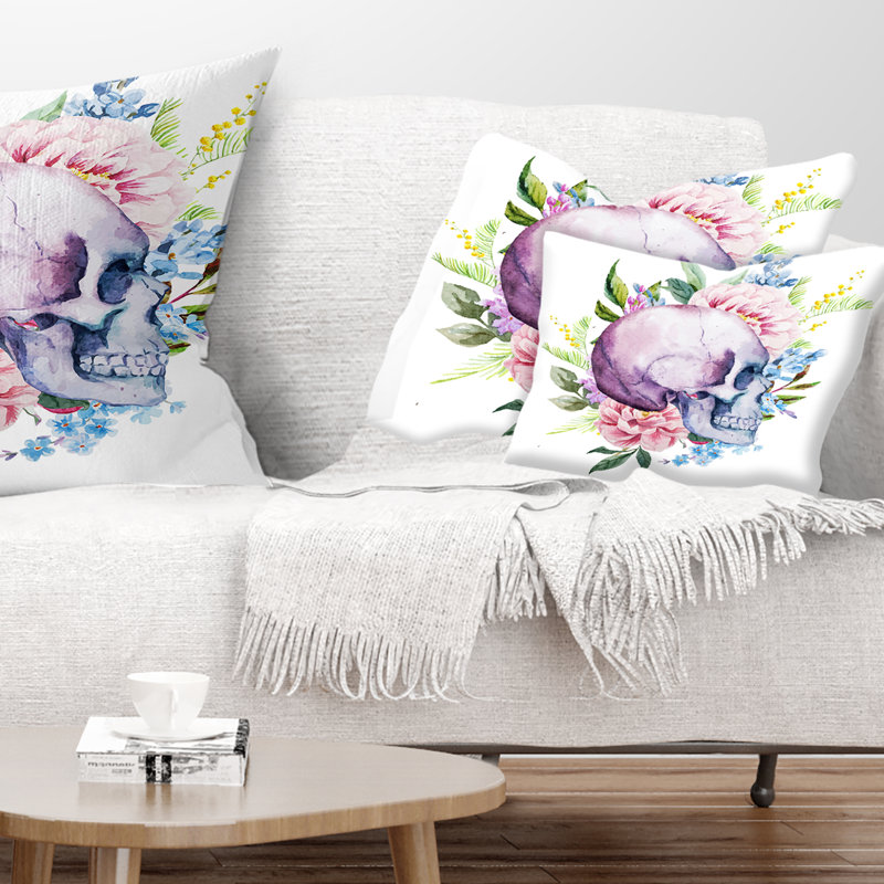Crâne avec bordure fleurie - Coussin décoratif à imprimé floral, Rectangulaire, 12 po x 20 po