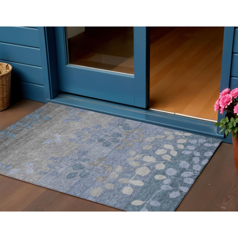 3' X 5' Denim Blue And Gray Floral Washable Indoor Outdoor Area Rug