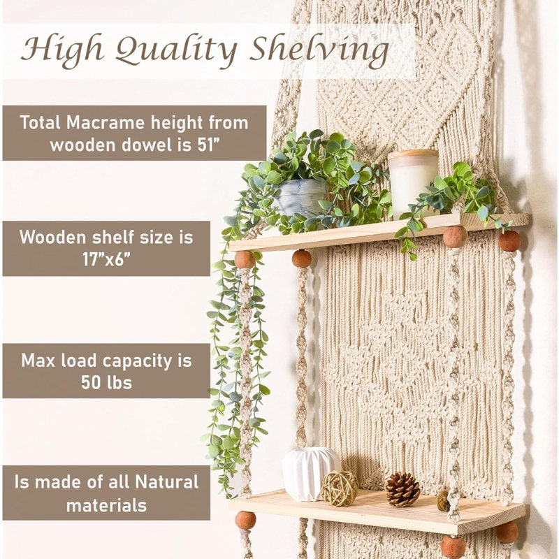 Étagère murale à 3 niveaux en macramé Boho
