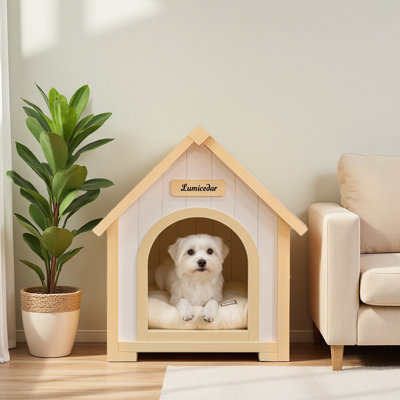 23.7” Pet House – Cream Wood Cabin-style Indoor Shelter For Small Dogs & Cats