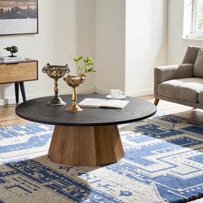 Round Wooden Pedestal Coffee Table With Tree Design Top, 40 Inch