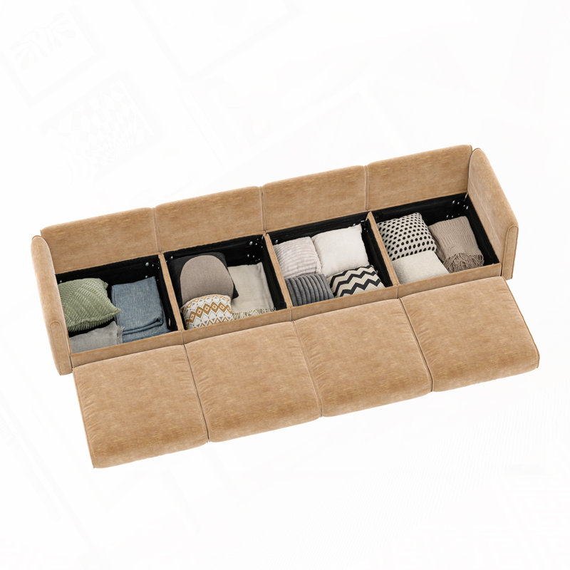 Upholstered Modular Sofa With Storage Seats, 27.9" H x 142.5" W x 37.4" D, Camel