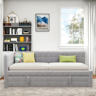 Upholstered L-shaped Daybed With Pop Up Trundle, Usb Ports And Square-block Pattern