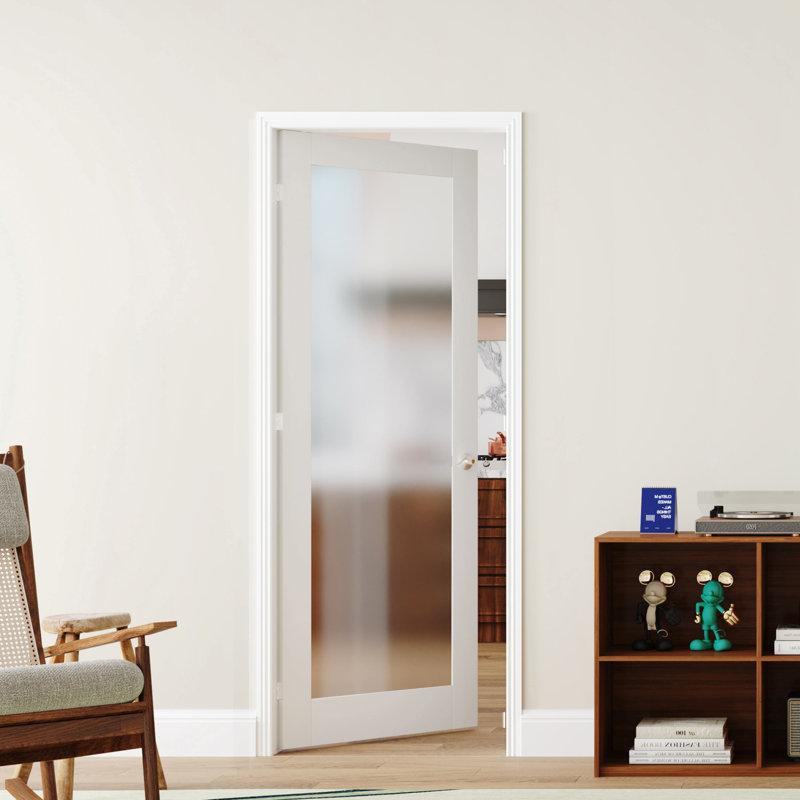 Porte intérieure française double pré-suspendue en verre givré de style moderne avec cadre en bois massif et bois manufacturé blanc avec cadre et poignée (ensemble de 2)