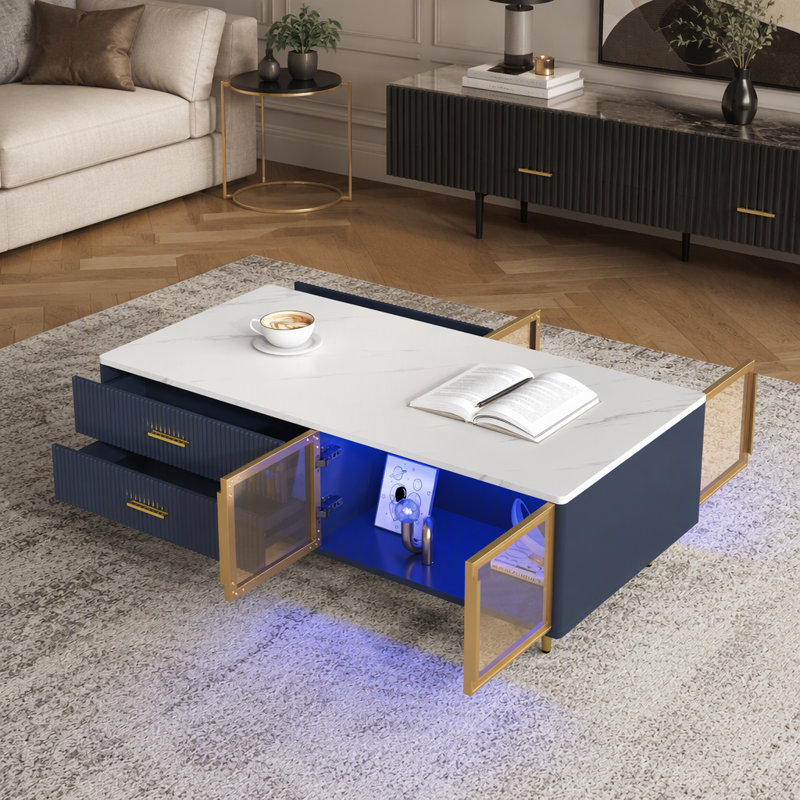 Modern Navy Blue Coffee Table with 2 Glass Door Storage, 4 Drawers, Gold Metal Legs, and Multi-Color Lighting in 47.2''