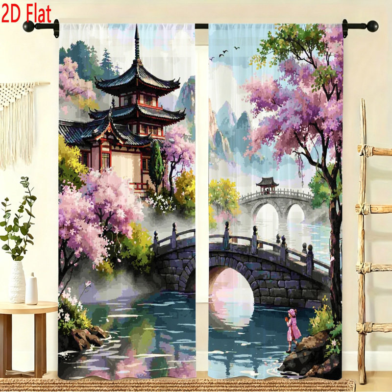 2 Piece Window Curtains Set Featuring Traditional Asian Pagoda Architecture With Cherry Blossom Trees And Stone Bridge Scenery Artistic Landscape Drapery Panels For Living Room Bedroom Home Decor
