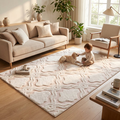 Tapis lavable à poils courts 5 x 8 pi - antidérapant moderne géométrique beige et abricot