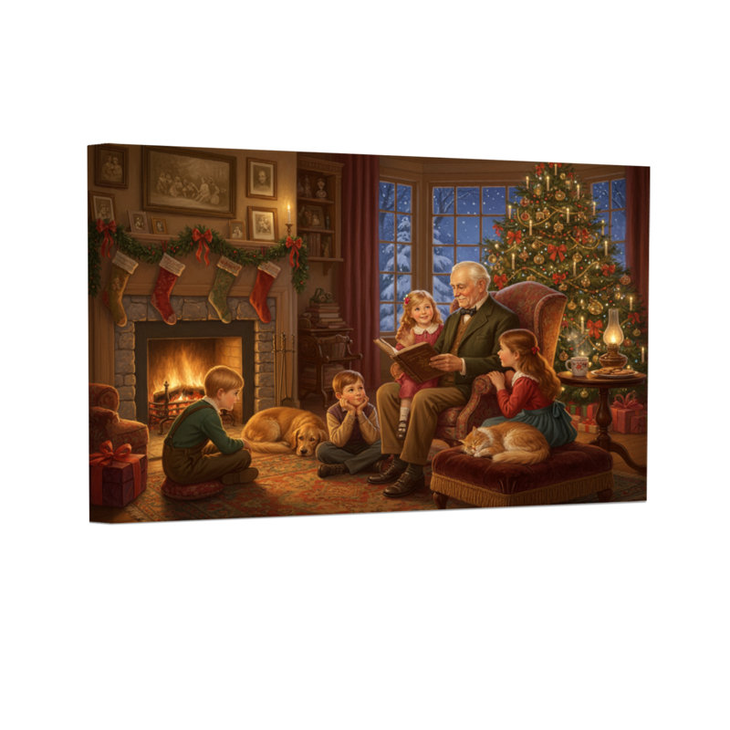 Noël en famille au coin du feu, H 24 po x l 36 po