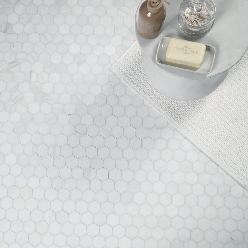 Calabria Frost Hexagon 12 in. x 13 in. Polished Marble Mosaic Floor and Wall Tile