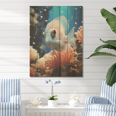 Papillon orange, corail, merveilles II - Poisson papillon sur bois