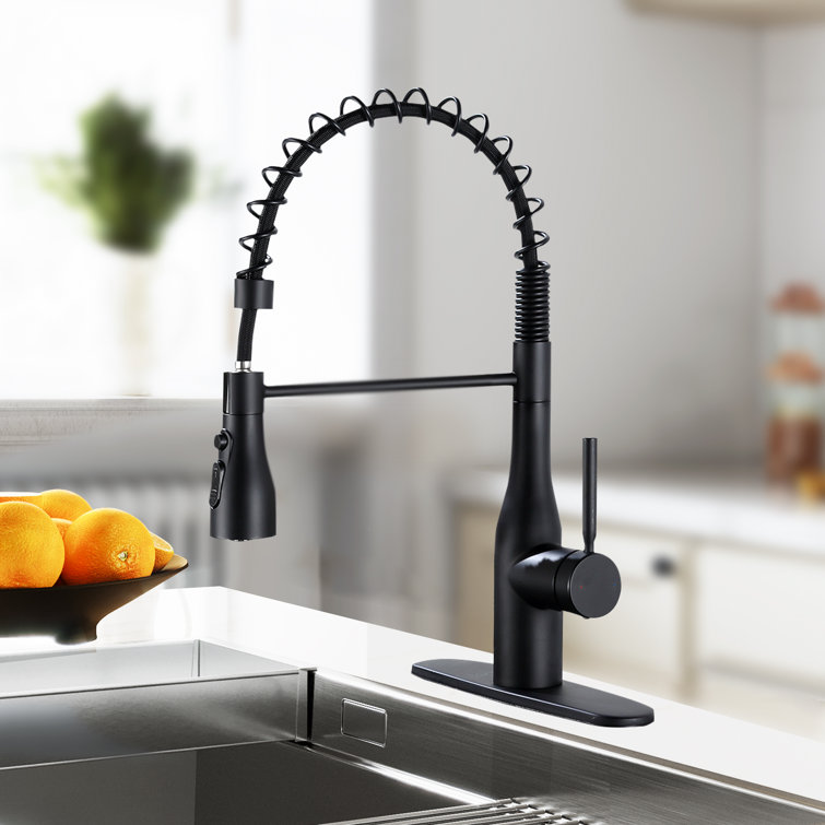 Single Handle Pull-Down Spring Neck Sprayer Kitchen Faucet with Deck Plate
