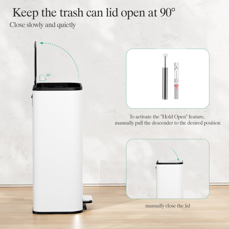 Poubelle de cuisine de 8 gallons avec couvercle et pédale à fermeture en douceur, poubelle carrée avec seau intérieur amovible et poignée, poubelle en acier inoxydable, résistante aux empreintes digitales, pour la maison de cuisine (blanc)