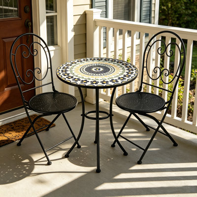 Table d'appoint ronde en mosaïque, table de bistro décorative pour l'extérieur et l'intérieur avec plateau en carreaux floraux colorés, table de bout de patio en métal noir pour porche, balcon, cour et salon
